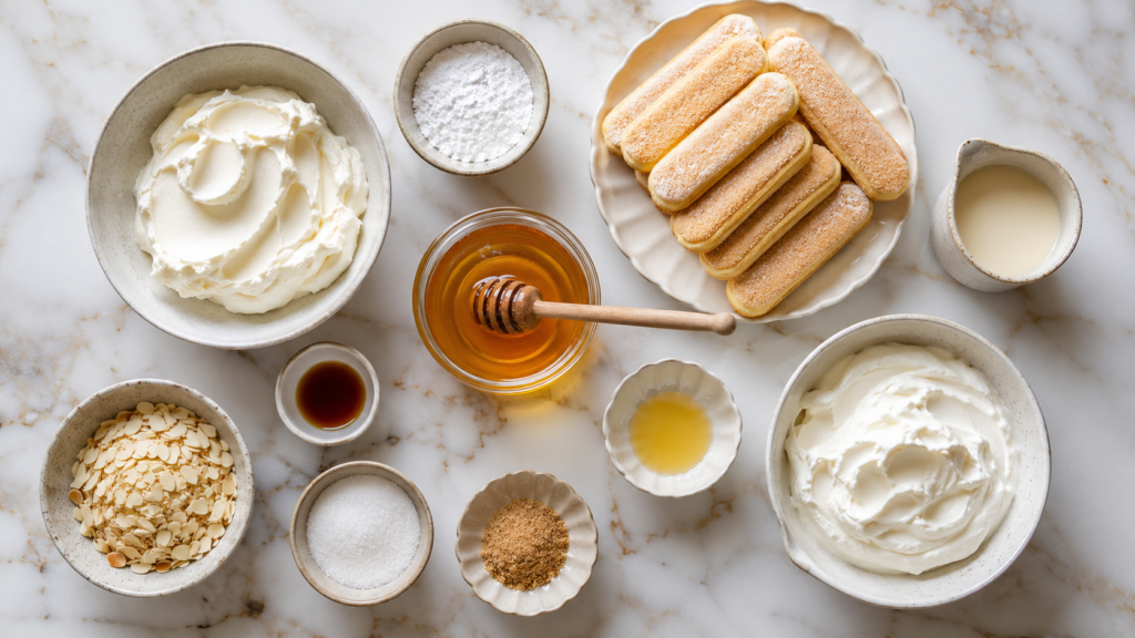 Zutaten für Bienenstich Tiramisu mit Mascarpone, Löffelbiskuits, Honig und gehobelten Mandeln übersichtlich auf einer hellen Marmorplatte angerichtet.