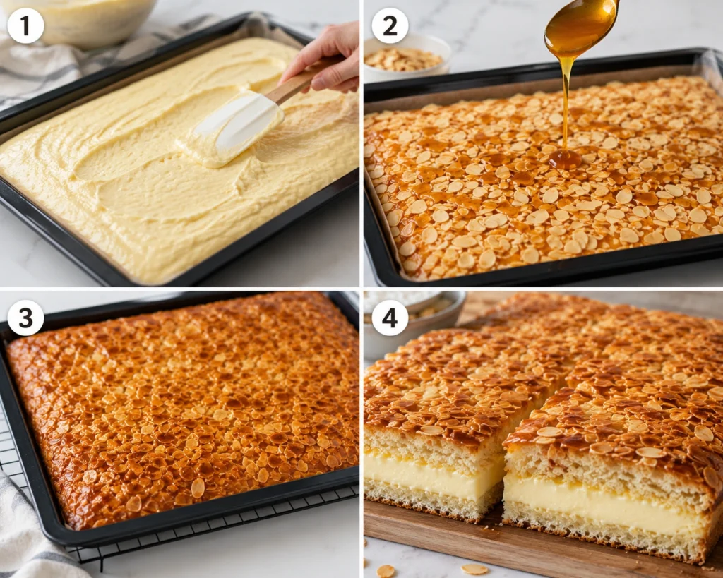 Vier Schritte zur Zubereitung von Bienenstich vom Blech: Teig auf das Backblech streichen, Mandel-Honig-Belag verteilen, goldbraun backen und den Kuchen mit cremiger Vanillefüllung servieren.