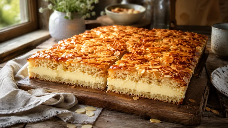 Goldbraun gebackener Bienenstich vom Blech mit karamellisierten Mandelblättchen und cremiger Vanillefüllung auf einem rustikalen Holzbrett.