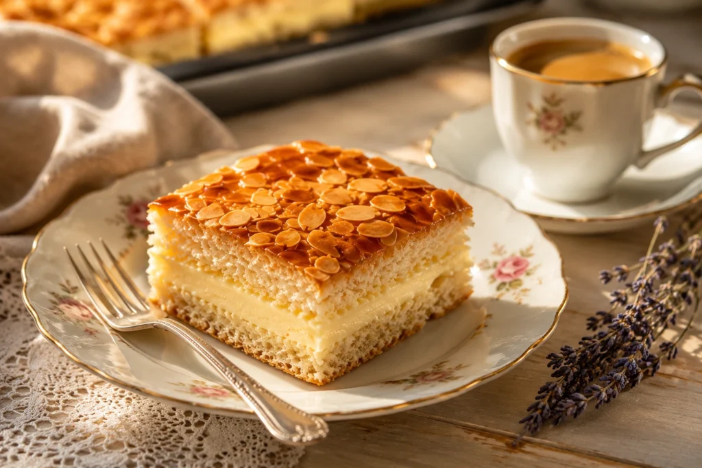 Ein Stück Bienenstich vom Blech auf einem Vintage-Porzellanteller mit silberner Gabel und einer Tasse Espresso – klassisches deutsches Kaffeetafel-Dessert im warmen Nachmittagslicht.