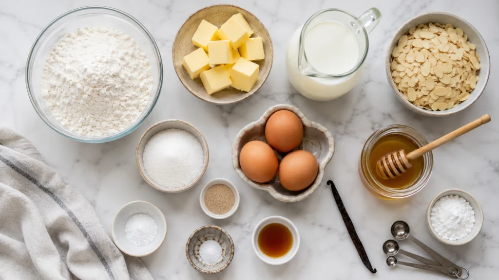 Alle Zutaten für Bienenstich vom Blech übersichtlich auf weißem Marmor arrangiert: Mehl, Butter, Eier, Milch, Zucker, Mandelblättchen, Honig, Vanilleschote, Hefe und Salz.