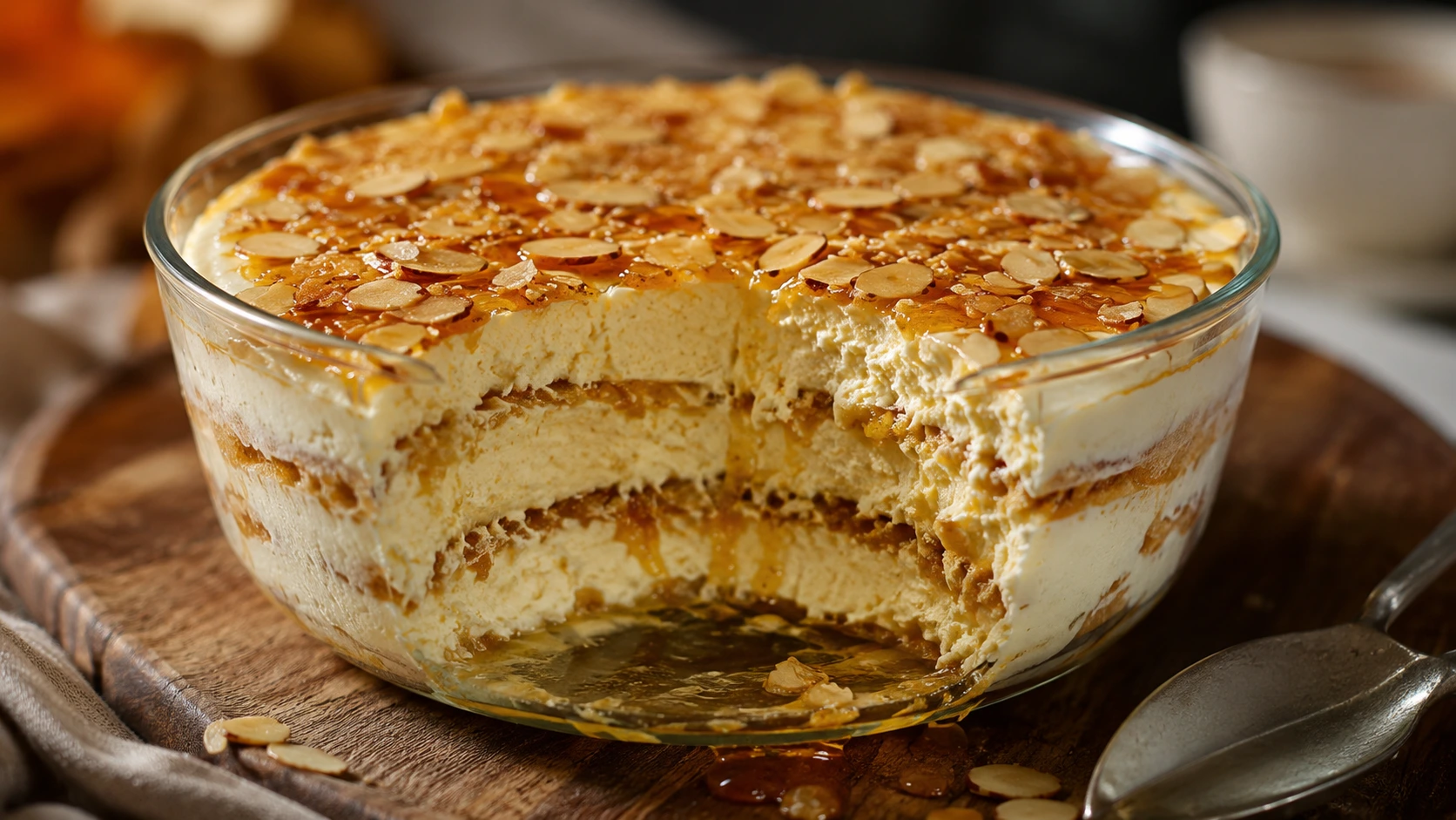Bienenstich Tiramisu im Glas mit cremigen Schichten, Honig, karamellisierten Mandelblättchen und angeschnittener Portion.