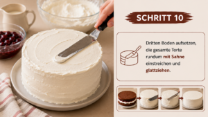 Dritten Boden aufsetzen, die gesamte Torte rundum mit Sahne einstreichen und glattziehen.