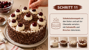 Schokoladenraspeln an den Seiten und auf der Oberseite verteilen, mit Sahnetuffs und Kirschen dekorieren.