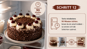 Torte mindestens 90 Minuten kühlen, bevor du sie anschneidest – so setzen sich die Schichten optimal.