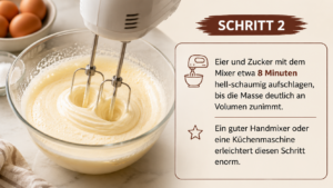 Eier und Zucker mit dem Mixer etwa 8 Minuten hell-schaumig aufschlagen, bis die Masse deutlich an Volumen zunimmt. Ein guter Handmixer oder eine Küchenmaschine erleichtert diesen Schritt enorm.