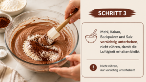 Mehl, Kakao, Backpulver und Salz vorsichtig unterheben, nicht rühren, damit die Luftigkeit erhalten bleibt.