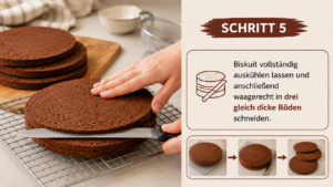 Biskuit vollständig auskühlen lassen und anschließend waagerecht in drei gleich dicke Böden schneiden.