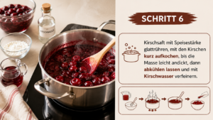 Kirschsaft mit Speisestärke glattrühren, mit den Kirschen kurz aufkochen, bis die Masse leicht andickt, dann abkühlen lassen und mit Kirschwasser verfeinern.