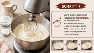 Sahne mit Sahnesteif und Puderzucker steif schlagen. Für ein besonders gleichmäßiges Ergebnis empfiehlt sich eine stabile Küchenmaschine, die die Sahne in wenigen Minuten cremig aufschlägt.