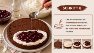 Den ersten Boden mit Kirschwasser beträufeln, eine Schicht Sahne und die Hälfte der Kirschmasse verteilen.