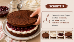 Zweiten Boden auflegen, ebenfalls beträufeln, mit Sahne und der restlichen Kirschmasse belegen.