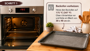 Backofen vorheizen: Heize den Backofen auf 175 °C (347 °F) Ober-/Unterhitze vor und fette ein Blech von 30 x 40 cm ein.