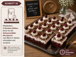 Mindestens 2 Stunden kühlen, bevor du die Schwarzwälder Kirschtorte vom Blech in Stücke schneidest und servierst.