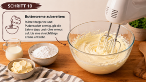 Buttercreme zubereiten: Rühre Margarine und Puderzucker cremig, gib die Sahne dazu und rühre erneut auf, bis eine streichfähige Creme entsteht.