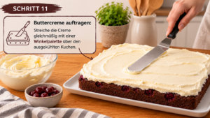 Buttercreme auftragen: Streiche die Creme gleichmäßig mit einer Winkelpalette über den ausgekühlten Kuchen.