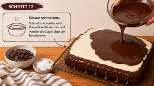 Glasur schmelzen: Schmelze Kuvertüre und Kokosöl im Wasserbad und verteile die Glasur über der Buttercreme.
