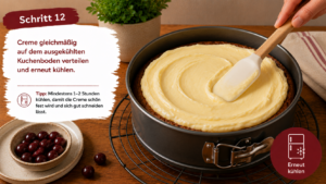 Schritt 12: Creme gleichmäßig auf dem ausgekühlten Kuchenboden verteilen und erneut kühlen.