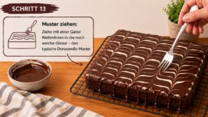 Muster ziehen: Ziehe mit einer Gabel Wellenlinien in die noch weiche Glasur – das typische Donauwelle-Muster.