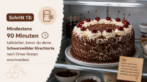 Schritt 13: Mindestens 90 Minuten kaltstellen, bevor du deine Schwarzwälder Kirschtorte nach Omas Rezept anschneidest.