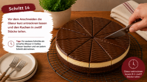 Schritt 14: Vor dem Anschneiden die Glasur kurz antrocknen lassen und den Kuchen in zwölf Stücke teilen