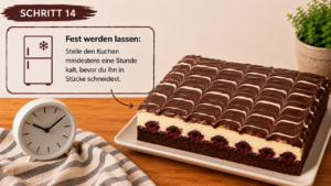 Fest werden lassen: Stelle den Kuchen mindestens eine Stunde kalt, bevor du ihn in Stücke schneidest.