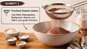Trockene Zutaten sieben: Sieb Mehl, Kakaopulver, Backpulver, Natron und Salz in eine große Schüssel.