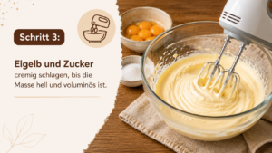 Schritt 3: Eigelb und Zucker cremig schlagen, bis die Masse hell und voluminös ist.