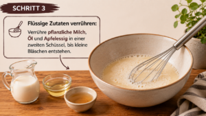 Flüssige Zutaten verrühren: Verrühre pflanzliche Milch, Öl und Apfelessig in einer zweiten Schüssel, bis kleine Bläschen entstehen.