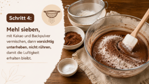 Schritt 4: Mehl sieben, mit Kakao und Backpulver vermischen, dann vorsichtig unterheben, nicht rühren, damit die Luftigkeit erhalten bleibt.