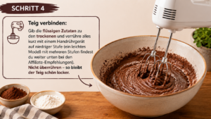 Schritt 4 : Teig verbinden: Gib die flüssigen Zutaten zu den trockenen und verrühre alles kurz mit einem Handrührgerät auf niedriger Stufe . Nicht überrühren – so bleibt der Teig schön locker.