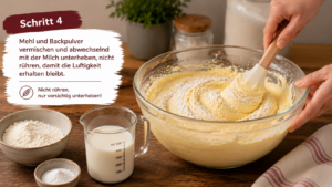 Schritt 4: Mehl und Backpulver vermischen und abwechselnd mit der Milch unterheben, nicht rühren, damit die Luftigkeit erhalten bleibt.