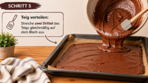 Teig verteilen: Streiche zwei Drittel des Teigs gleichmäßig auf dem Blech aus.
