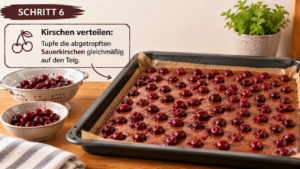 Kirschen verteilen: Tupfe die abgetropften Sauerkirschen gleichmäßig auf den Teig.