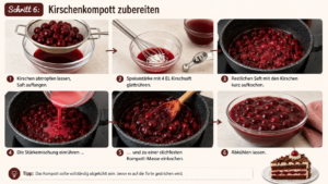 Kirschen abtropfen lassen, Saft auffangen. Speisestärke mit 4 EL Kirschsaft glattrühren, restlichen Saft mit den Kirschen kurz aufkochen, die Stärkemischung einrühren und zu einer stichfesten Kompott-Masse einkochen. Abkühlen lassen.