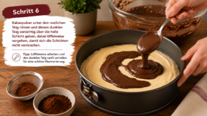 Schritt 6: Kakaopulver unter den restlichen Teig rühren und diesen dunklen Teig vorsichtig über die helle Schicht geben, dabei löffelweise vorgehen, damit sich die Schichten nicht vermischen.