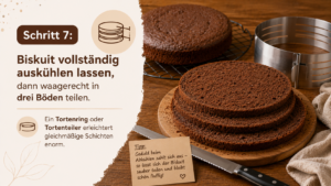 Schritt 7: Biskuit vollständig auskühlen lassen, dann waagerecht in drei Böden teilen. Ein Tortenring oder Tortenteiler (Affiliate-Tool 2) erleichtert gleichmäßige Schichten enorm.