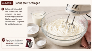 Sahne mit Sahnesteif und Puderzucker steif schlagen – ein gutes Handrührgerät oder die Küchenmaschine aus Affiliate-Tool 1 sorgt hier für stabile Ergebnisse.