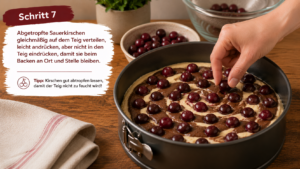 Schritt 7: Abgetropfte Sauerkirschen gleichmäßig auf dem Teig verteilen, leicht andrücken, aber nicht in den Teig eindrücken, damit sie beim Backen an Ort und Stelle bleiben.