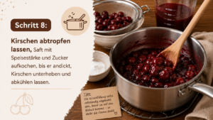 Schritt 8: Kirschen abtropfen lassen, Saft mit Speisestärke und Zucker aufkochen, bis er andickt, Kirschen unterheben und abkühlen lassen.