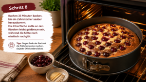 Schritt 8: Kuchen 35 Minuten backen, bis ein Zahnstocher sauber herauskommt. Die Oberfläche sollte an den Rändern leicht goldbraun sein, während die Mitte noch elastisch nachgibt.