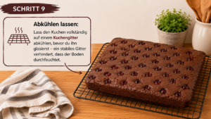 Abkühlen lassen: Lass den Kuchen vollständig auf einem Kuchengitter abkühlen, bevor du ihn glasierst – ein stabiles Gitter verhindert, dass der Boden durchfeuchtet.