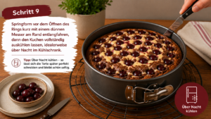Schritt 9: Springform vor dem Öffnen des Rings kurz mit einem dünnen Messer am Rand entlangfahren, dann den Kuchen vollständig auskühlen lassen, idealerweise über Nacht im Kühlschrank.