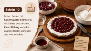 Schritt 10: Ersten Boden mit Kirschwasser beträufeln, mit Sahne bestreichen, Kirschfüllung verteilen, zweiten Boden auflegen und wiederholen.