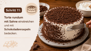 Schritt 11: Torte rundum mit Sahne einstreichen und mit Schokoladenraspeln bedecken.