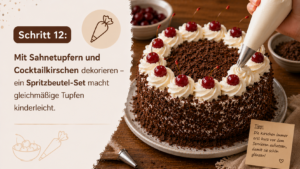 Schritt 12: Mit Sahnetupfen und Cocktailkirschen dekorieren – ein Spritzbeutel-Set macht gleichmäßige Tupfen kinderleicht.