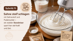 Schritt 9: Sahne steif schlagen mit Sahnesteif und Puderzucker – ein stabiler Standmixer (Affiliate-Tool 3) spart hier viel Kraft und Zeit.