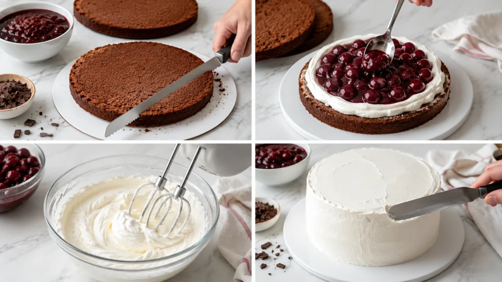 Schritt-für-Schritt-Zubereitung einer Schwarzwälder Kirschtorte mit Biskuitböden, Kirschfüllung und Sahne