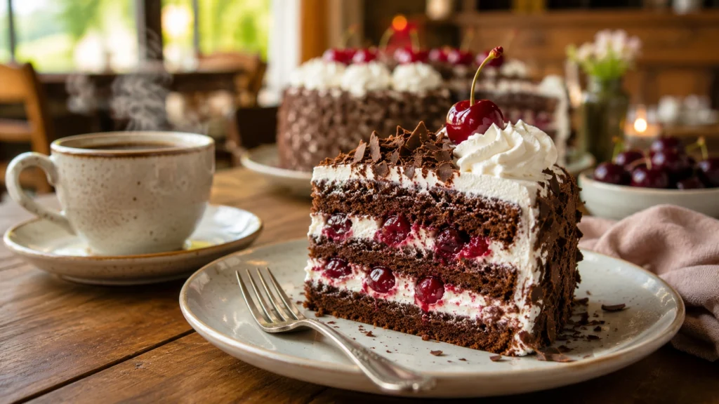 Stück Schwarzwälder Kirschtorte mit Kaffee auf einem Teller serviert