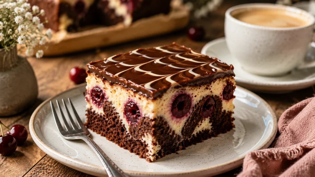 Ein Stück vegane Donauwelle mit Schokoladenglasur, Kirschen, Gabel und Kaffee